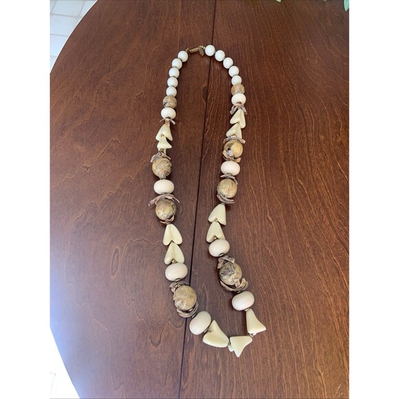 Vintage Miriam Haskell Earth Tone Stone Glass Bead Shell Necklace Boho Chunky - Picture 1 of 13
